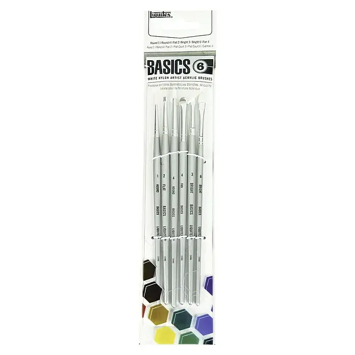 Liquitex Basics Künstlerpinsel-Set Kurz - 6 -tlg. - Ein Set von Liquitex Basics Acrylmalpinseln mit weißen Nylonborsten, ideal für Künstler.