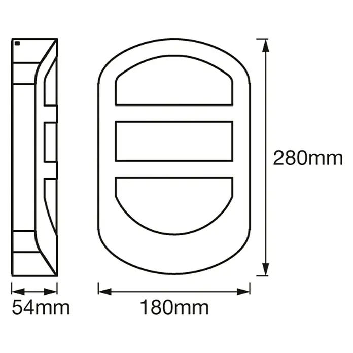 Ledvance LED-Außenwandleuchte Endura - 12 W, 180 x 54 x 280 mm, Edelstahl, IP44, Ohne Bewegungssensor - Produktabbildung mit Maßangaben: 280mm Höhe, 180mm Breite und 54mm Tiefe. Detaillierte Ansicht für Produktinformationen.