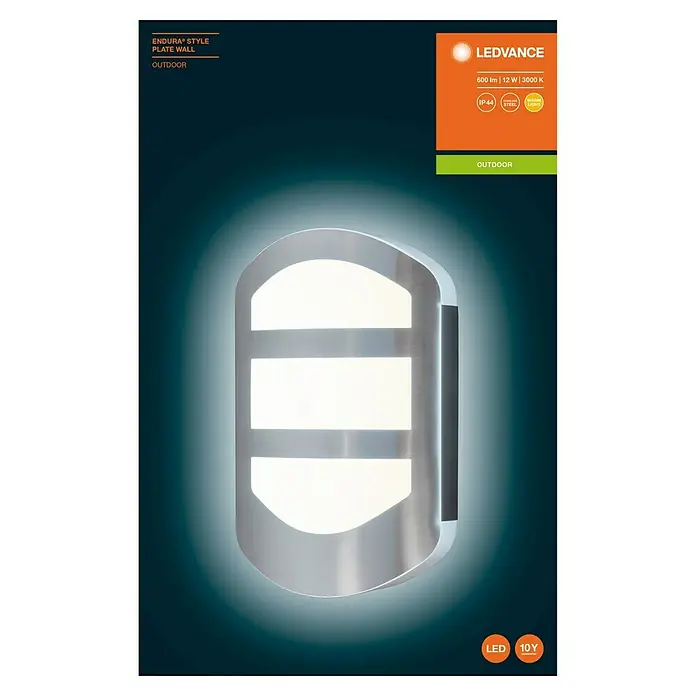 Ledvance LED-Außenwandleuchte Endura12 W, 180 x 54 x 280 mm, Edelstahl, IP44, Ohne Bewegungssensor - Abbildung einer LEDVANCE Endura Style Plate Wandleuchte für den Außenbereich, die ein modernes und helles Design aufweist.
