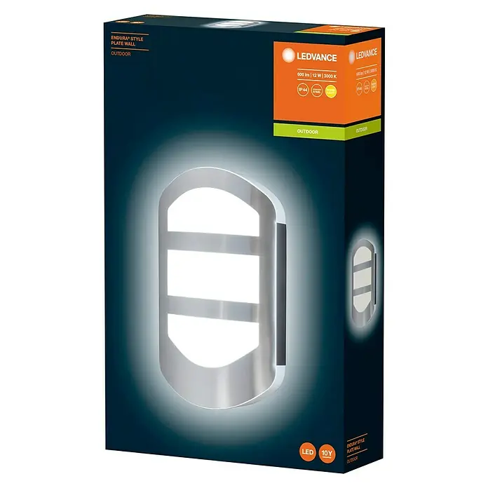 Ledvance LED-Außenwandleuchte Endura - 12 W, 180 x 54 x 280 mm, Edelstahl, IP44, Ohne Bewegungssensor - Verpackung der LEDVANCE Endura Style Plate Wall Außenleuchte mit Angaben zu Leistung und Garantie.