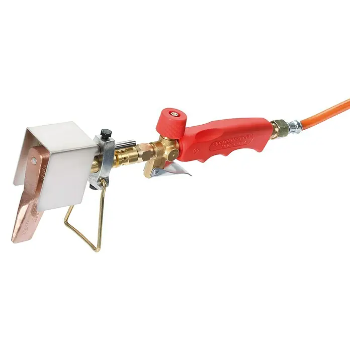 Rothenberger Industrial Dachrinnen-Löt-Set - 250 °C, Windfest - Abbildung eines Lötwerkzeugs mit rotem Griff und orangefarbenem Schlauch, das für präzise Lötarbeiten konzipiert wurde.