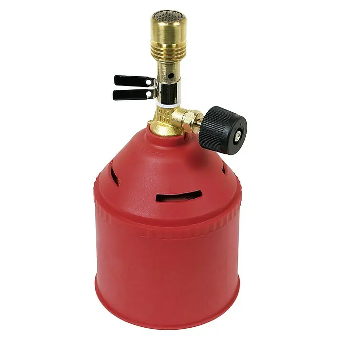 Rothenberger Industrial Mechero Bunsen - Temperatura de trabajo: 900 °C - Un mechero Bunsen rojo con un cabezal de quemador dorado y una perilla negra para el ajuste del gas.