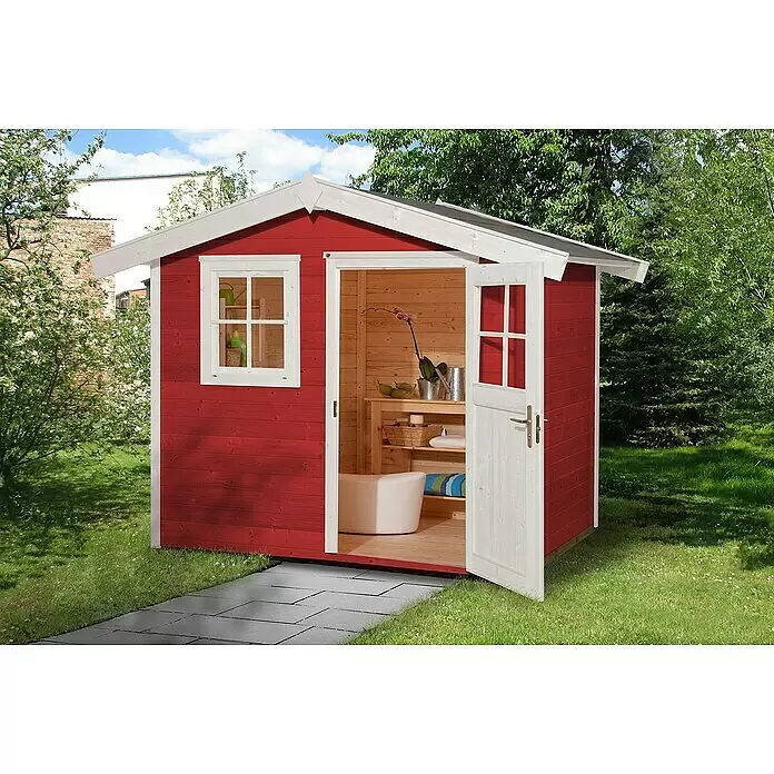 Weka Gartenhaus 123 - Außenmaß inkl. Dachüberstand (B x T): 306 x 274 cm, Holz, Schwedenrot/Weiß, 5,663 m² - Stimmungsaufnahme