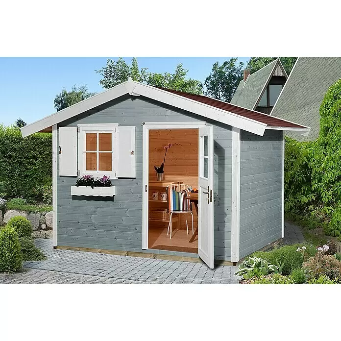 Weka Gartenhaus 123 - Außenmaß inkl. Dachüberstand (B x T): 380 x 239 cm, Holz, Grau/Weiß, 6,17 m² - Stimmungsaufnahme