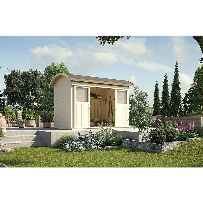 Weka Gerätehaus 228 - Holz, 6,343 m², Wandstärke: 21 mm, Natur - Ein helles Gartenhaus mit gewölbtem Dach und geöffneten Schiebetüren, umgeben von Grünanlagen.