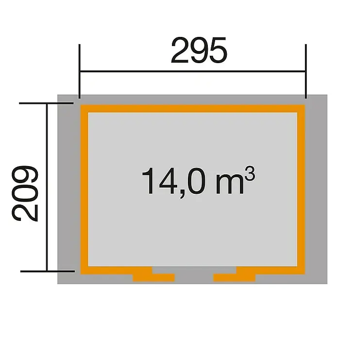 Weka Gerätehaus 228 - Holz, 6,343 m², Wandstärke: 21 mm, Natur - Draufsicht auf eine Gartenhütte mit Maßangaben (295 x 209) und Volumenangabe (14,0 m³).