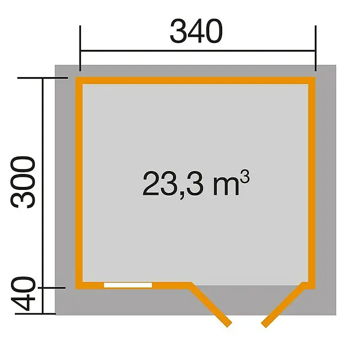 Weka Gartenhaus 163 - Außenmaß inkl. Dachüberstand (B x T): 410 x 380 cm, Holz, Natur, 10,2 m² - Grundrisszeichnung des Innenraums, Abmessungen 340x300, Volumen 23,3 m³.