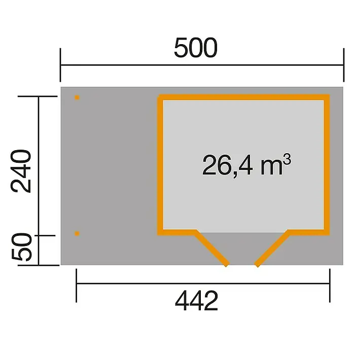 Weka Gartenhaus Designhaus 126 B+ - Außenmaß inkl. Dachüberstand (B x T): 645 x 316 cm, Holz, Schwedenrot/Weiß, 14,219 m² - Grundriss des Gerätehauses mit den Maßen 500 x 442 und einem Volumen von 26,4 m³.