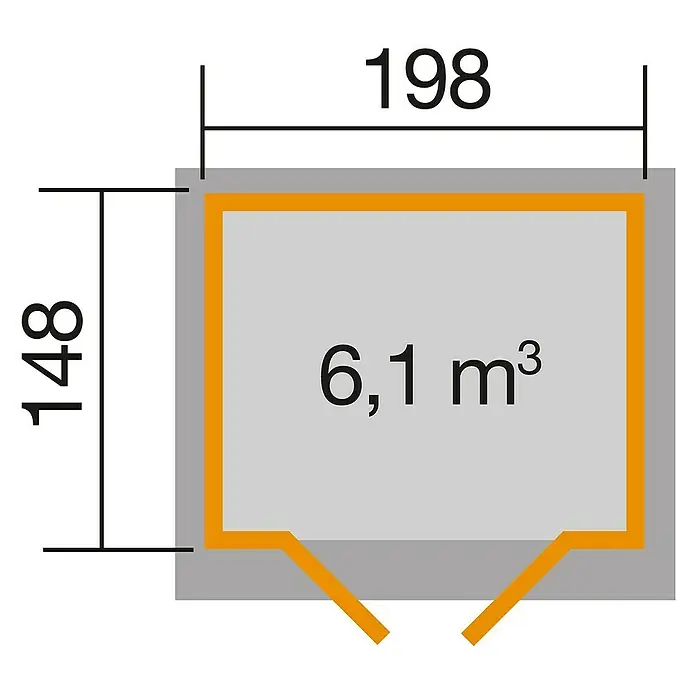 Weka Gerätehaus 325 - Außenmaß inkl. Dachüberstand (B x T): 200 x 198 cm, Holz, 2,93 m², Wandstärke: 19 mm, Natur - Grundrisszeichnung eines Hauses mit den Maßen 198 x 148 und einem Volumen von 6,1 m³.
