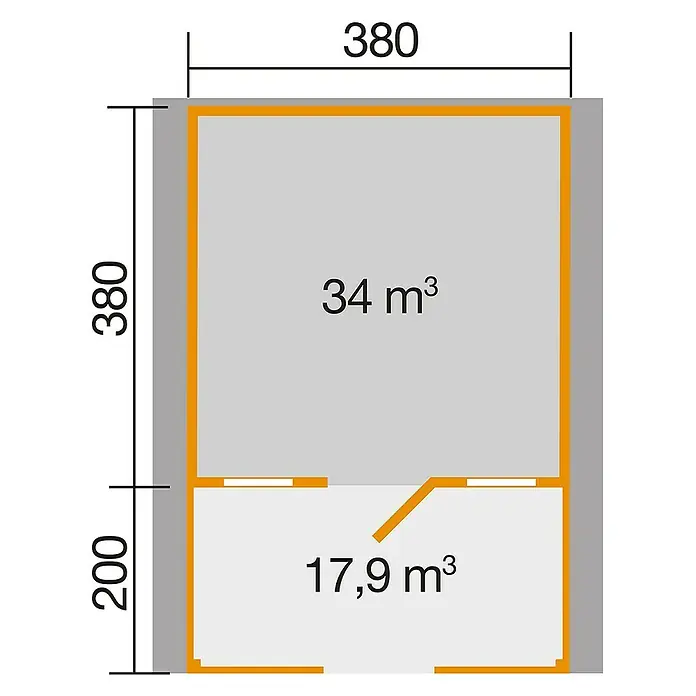 Weka Gartenhaus 135 - Außenmaß inkl. Dachüberstand (B x T): 460 x 594 cm, Holz, Natur, Mit Vordach & Brüstungsgeländer - Grundriss eines Gebäudes mit zwei Räumen. Die Maße sind 380x380 und 200. Die Raumvolumina betragen 34 m³ und 17,9 m³.