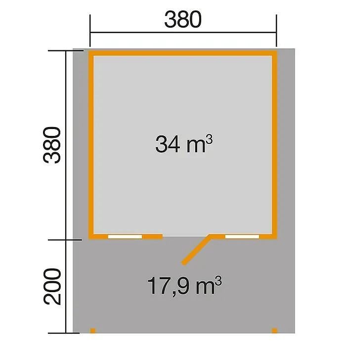 Weka Gartenhaus 110 - Außenmaß inkl. Dachüberstand (B x T): 460 x 594 cm, Holz, Natur, Mit Vordach - Illustration der Kabinengrundrisse mit den Maßen 380x380 und 200 mit Volumenangaben 34 m³ und 17,9 m³.