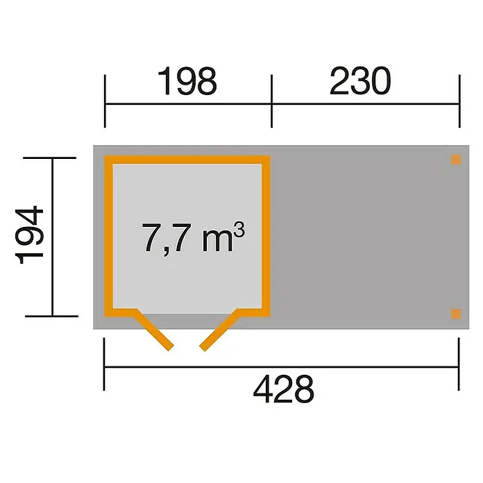 Weka Gartenhaus 321 + Anbau 230 cm - Außenmaß inkl. Dachüberstand (B x T): 452 x 237 cm, Holz, Natur - Bild zeigt einen Bauplan mit den Maßen 194 x 428 für ein Produkt mit einem Innenvolumen von 7,7 m³.