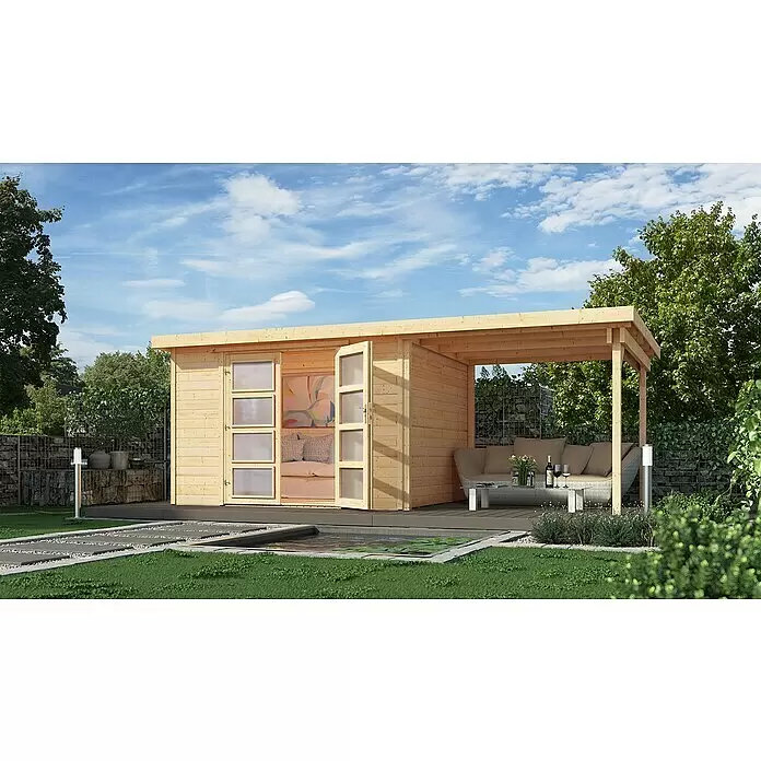 Weka Gartenhaus 321 + Anbau 230 cm - Außenmaß inkl. Dachüberstand (B x T): 452 x 237 cm, Holz, Natur - Stimmungsaufnahme