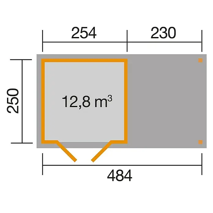 Weka Gartenhaus 321 + Anbau 230 cm - Außenmaß inkl. Dachüberstand (B x T): 508 x 293 cm, Holz, Natur - Grundrisszeichnung eines Hauses mit den Maßen 250 x 254 und 230 cm, mit einer Kubatur von 12,8 m³.