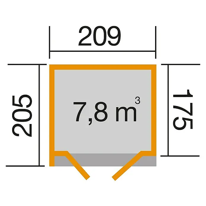 Weka Gartenhaus Designhaus 262 A - Außenmaß inkl. Dachüberstand (B x T): 214 x 215 cm, Holz, Natur - Abbildung der Abmessungen und des Volumens von 7,8 m³ eines Produkts, wobei die Maße 209 x 205 x 175 cm betragen.