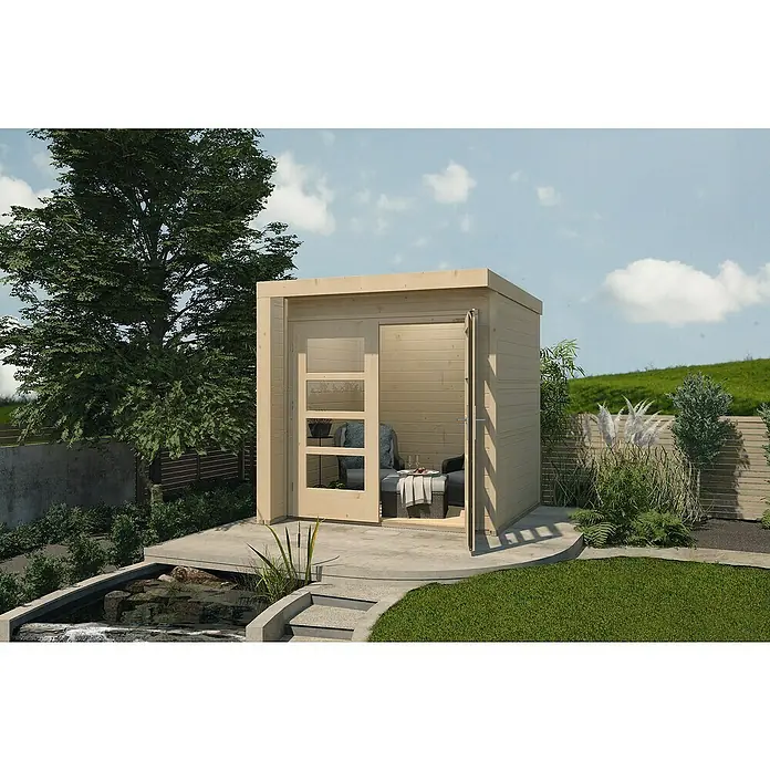 Weka Gartenhaus Designhaus 262 A - Außenmaß inkl. Dachüberstand (B x T): 214 x 215 cm, Holz, Natur - Helle Holzgartenlaube mit Glastür, teilweise geöffnet, mit Sitzgelegenheiten im Inneren, umgeben von Garten.