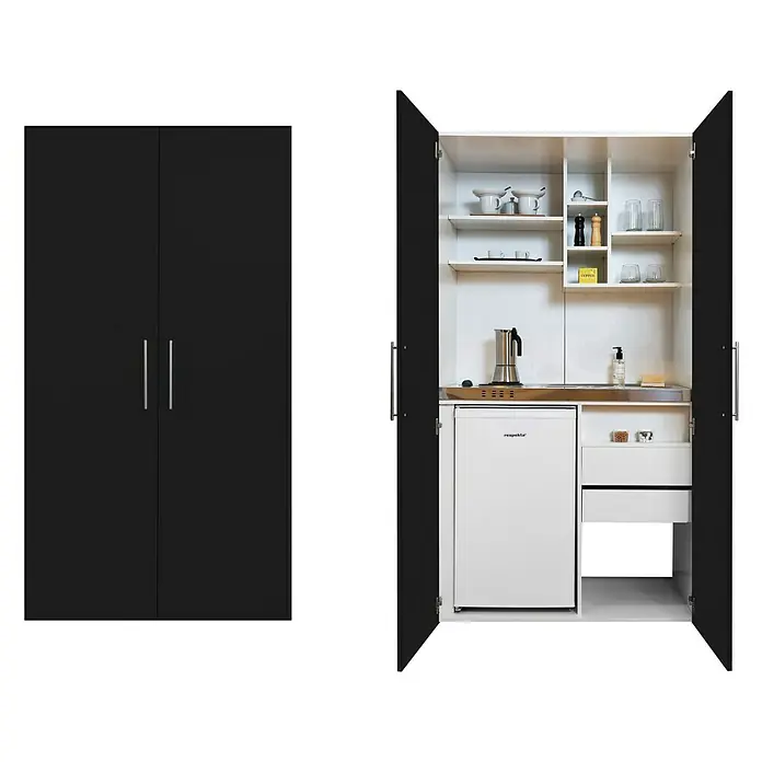 Respekta Schrankküche Peter - Breite: 104 cm, Schwarz/Weiß, Mit Duo-Kochmulde - Schwarzer All-in-One-Küchenschrank mit eingebautem Kühlschrank, Regalen und Arbeitsfläche, ideal für kleine Räume.