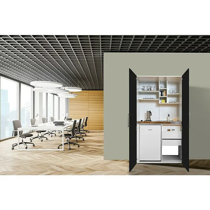 Respekta Schrankküche Peter - Breite: 104 cm, Schwarz/Weiß, Mit Duo-Kochmulde - Büroküche mit Minikühlschrank und Regalen in einem offenen Schrank. Ideal für kleine Pausen im Büro.