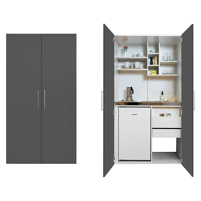 Respekta Schrankküche Peter - Breite: 104 cm, Grau/Weiß, Mit Glaskeramikkochfeld - Grauer Einbauschrank mit Kühlschrank, Regalen und Schubladen für zusätzlichen Stauraum. Ideal für kleine Küchen oder Büros.