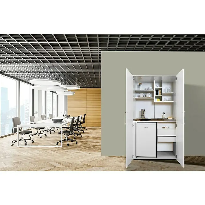 Respekta Schrankküche Peter - Breite: 104 cm, Weiß, Mit Glaskeramikkochfeld - Bildunterschrift: Modernes Büro mit einem stilvollen, weißen Büroschrank, der Platz für einen Kühlschrank, Regale und Schubladen bietet.