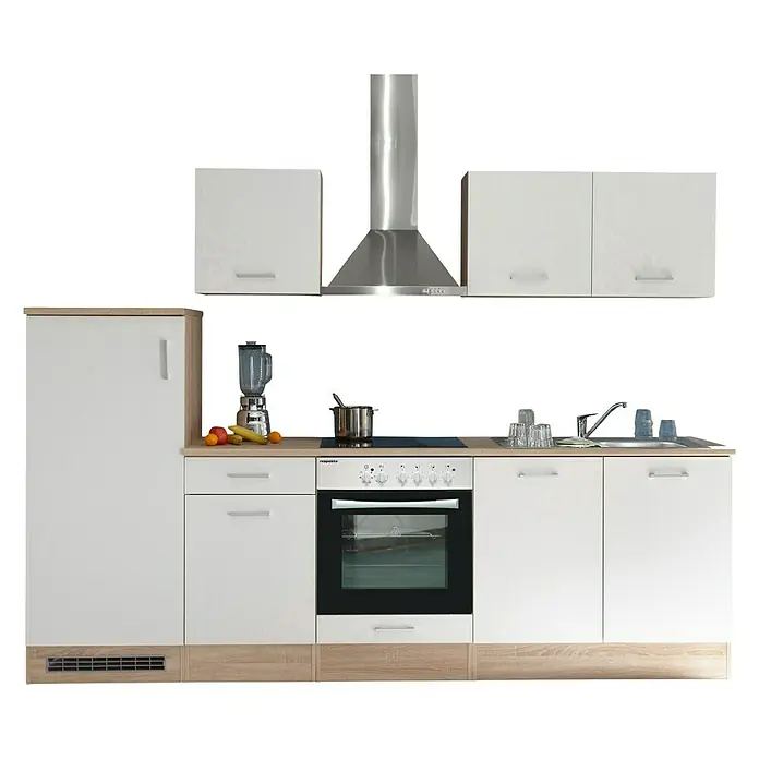 Respekta Küchenzeile Petunia - Breite: 280 cm, Weiß, Mit Elektrogeräten, Glaskeramikkochfeld - Elegante Küchenzeile in Weiß und Holzoptik mit modernen Geräten. Perfekt für stilvolles Kochen und Backen.