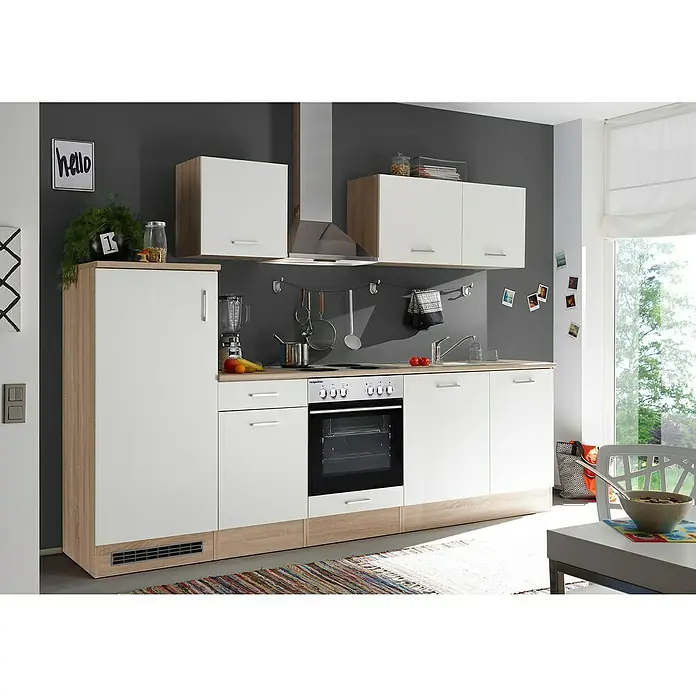 Respekta Küchenzeile Petunia - Breite: 280 cm, Weiß, Mit Elektrogeräten, Kochmulde - Helle Küche mit weißen Schränken, hellem Holzsockel und Edelstahlgeräten für einen modernen Look.