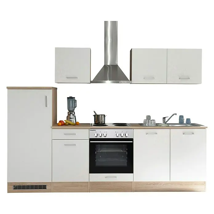 Respekta Composición de cocina Petunia - Ancho: 280 cm, Blanco, Con electrodomésticos, Horno Campana extractora Lavavajillas Placa de cocción Frigorífico Fregadero empotrado de acero inoxidable - Foto de un módulo de cocina completo en blanco y aspecto de madera con electrodomésticos integrados y campana extractora sobre fondo negro.