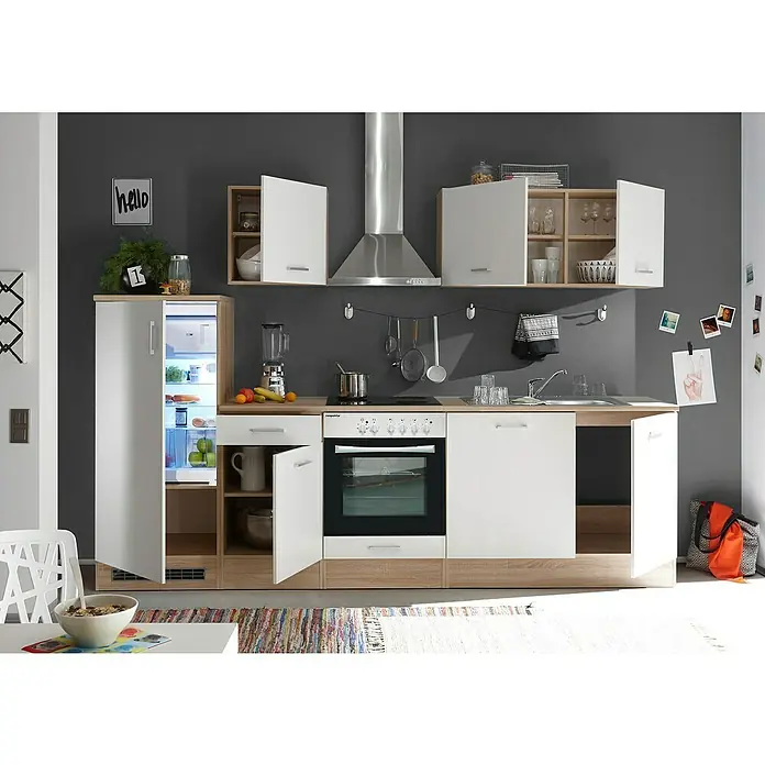 Respekta Küchenzeile Petunia - Breite: 280 cm, Weiß, Mit Elektrogeräten, Glaskeramikkochfeld - Küche mit modernen Einbauschränken in Weiß und Holzoptik, inklusive Kühlschrank, Herd und Spüle für ein stilvolles Ambiente.