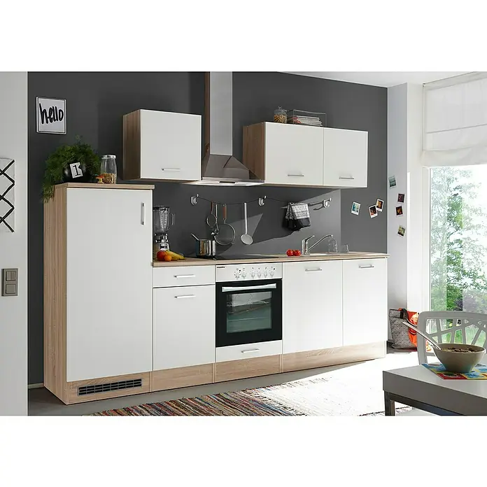 Respekta Küchenzeile Petunia - Breite: 280 cm, Weiß, Mit Elektrogeräten, Glaskeramikkochfeld - Eine moderne Küche in Weiß und Holzoptik mit integrierten Geräten und viel Stauraum. Die Küche ist funktional und stilvoll gestaltet.