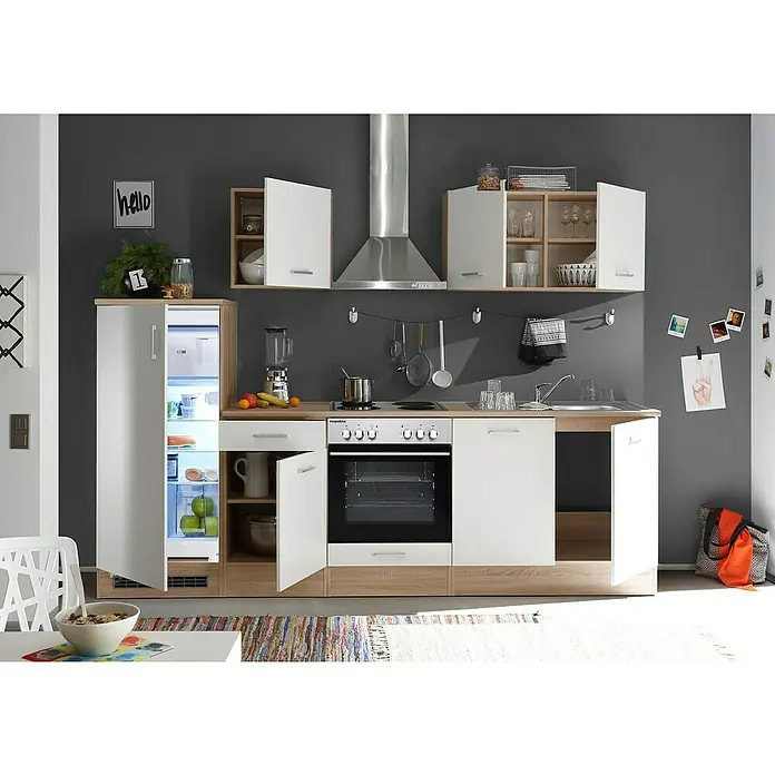 Respekta Composición de cocina Petunia - Ancho: 270 cm, Blanco, Horno Placa de cocción doble, campana extractora, frigorífico, fregadero empotrado, Con electrodomésticos - Cocina elegante con frentes blancos y detalles de madera, incluyendo nevera, horno y armarios de pared. Diseño práctico y elegante.