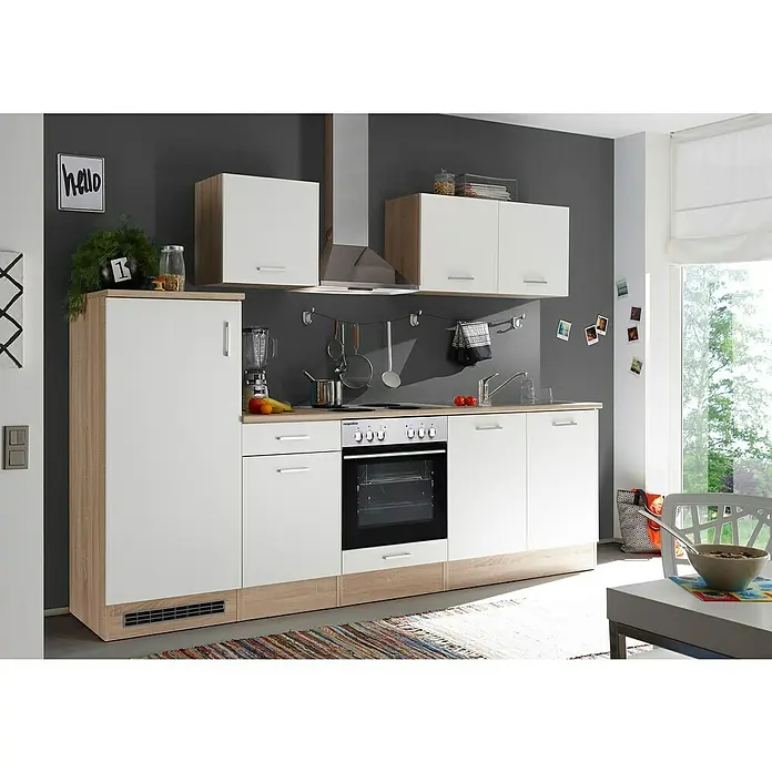 Respekta Küchenzeile Petunia - Breite: 270 cm, Weiß, Kochmulde, Mit Elektrogeräten - Diese moderne Küche in Weiß und Holzoptik bietet viel Stauraum und eine funktionale Gestaltung mit Elektrogeräten und Hängeelementen.