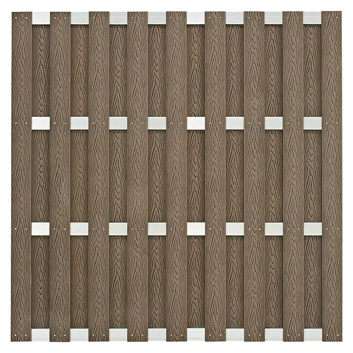 Sichtschutzelement Madrid Alu - 180 x 180 cm, Braun - Nahaufnahme eines robusten, blickdichten WPC-Zauns mit markanter Holzmaserung und stabilen, hellen Verbindungselementen für eine moderne Optik.