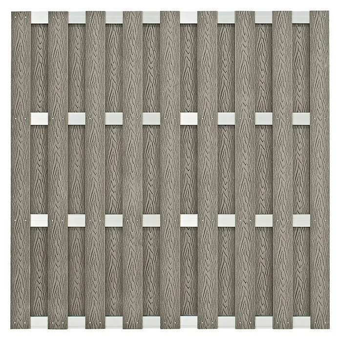 Sichtschutzelement Madrid - 180 x 180 cm, Grau - Nahaufnahme eines grauen, horizontalen Terrassendielen-Sichtschutzzauns mit weißen Befestigungen.