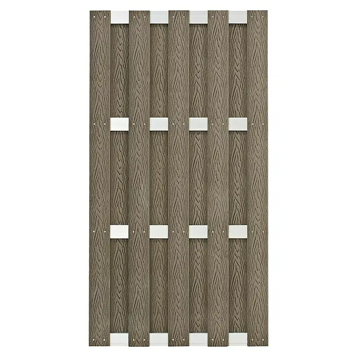 Sichtschutzelement Madrid - 180 x 90 cm, Braun - Detailaufnahme eines dekorativen Zaunelements mit Holzmaserung und weißen Befestigungen, ideal für stilvolle Gartengestaltung.