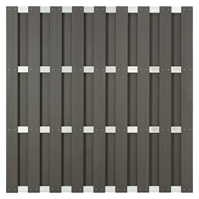 Sichtschutzelement Ibiza Alu - 180 x 180 cm, Aluminium, Anthrazit - Detailaufnahme eines modernen, anthrazitfarbenen Sichtschutzzauns mit silbernen Befestigungselementen. Robust, stilvoll und langlebig für den Garten.