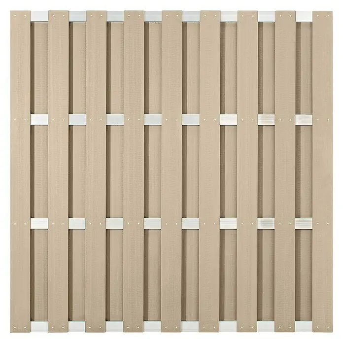 Sichtschutzelement Ibiza Alu I - 180 x 180 cm, Aluminium, Sand - Nahaufnahme eines modernen, beigen Sichtschutzzauns mit stabilen, horizontalen Querstreben und feiner Holzmaserung. Ideal für Privatsphäre im Garten.