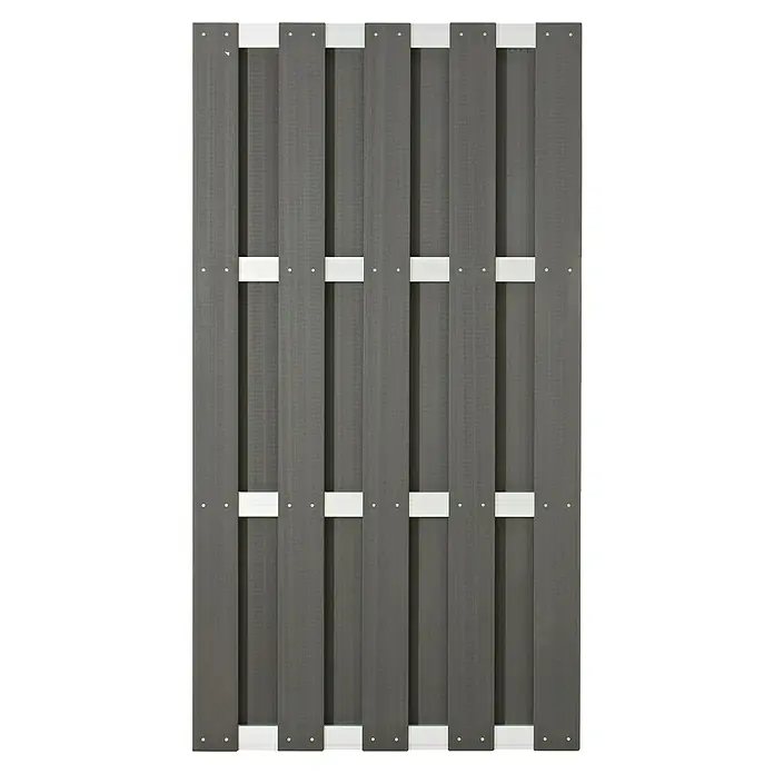 Sichtschutzelement Ibiza Alu - 90 x 180 cm, Aluminium, Anthrazit - Nahaufnahme eines grauen Kunststoffzaunfeldes mit weißen Querstreben, das Stabilität und modernes Design vereint.