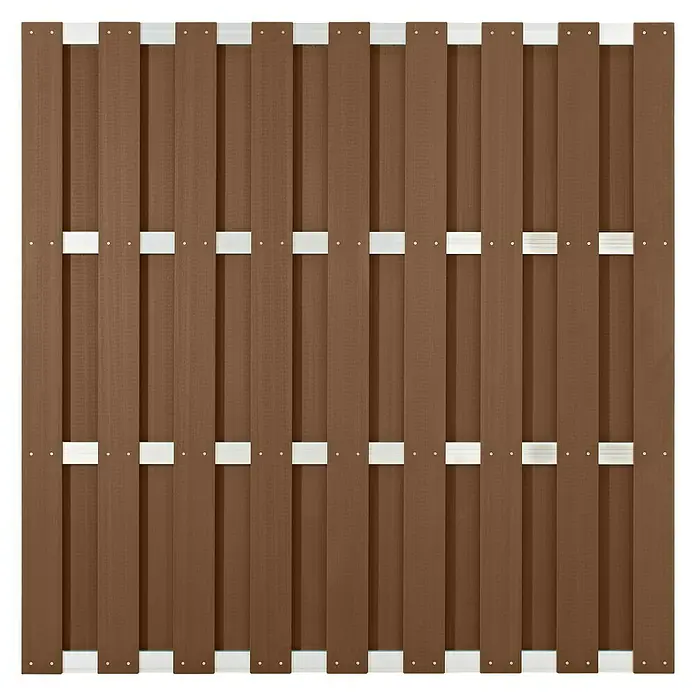 Sichtschutzelement Ibiza Alu I - 180 x 180 cm, Aluminium, Braun - Nahaufnahme eines braunen Zauns mit weißen Befestigungselementen, ideal als Sichtschutz oder dekoratives Element für Gärten und Grundstücke.