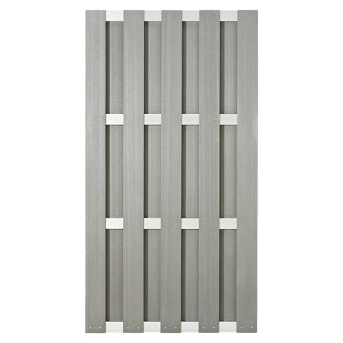 Sichtschutzelement Ibiza - 90 x 180 cm, Aluminium, Grau - Nahaufnahme eines grauen WPC-Zaunelements, das durch weiße Querstreben verstärkt wird und eine moderne und langlebige Gestaltung bietet.