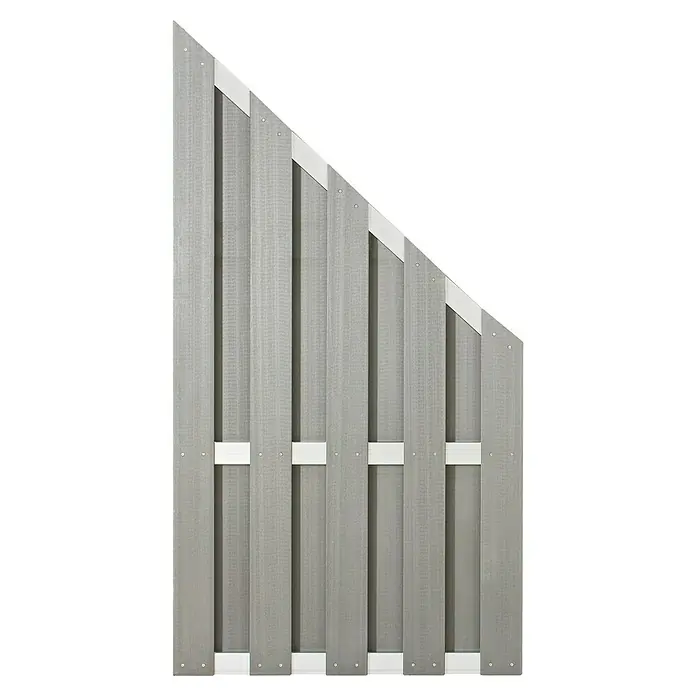 Sichtschutzelement Ibiza - 90 x 90/180 cm, Aluminium, Grau - Grauer Holzzaun mit schrägen Oberkanten und weißen Querlatten. Der Zaun ist stabil und modern gestaltet für den Garten.