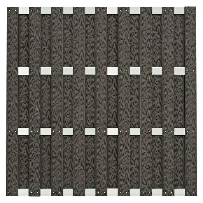Sichtschutzelement Madrid - 180 x 180 cm, Anthrazit - Detailaufnahme eines stilvollen Sichtschutzzauns aus dunklem Holz mit modernen, hellen Akzenten für den Außenbereich.