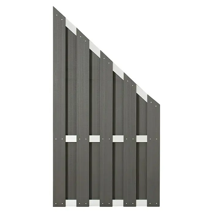 Sichtschutzelement Ibiza - 90 x 90/180 cm, Aluminium, Anthrazit - Nahaufnahme eines modernen, grauen Gartenzauns mit weißen Akzenten und diagonaler Oberkante, ideal für Privatsphäre und stilvolles Design.