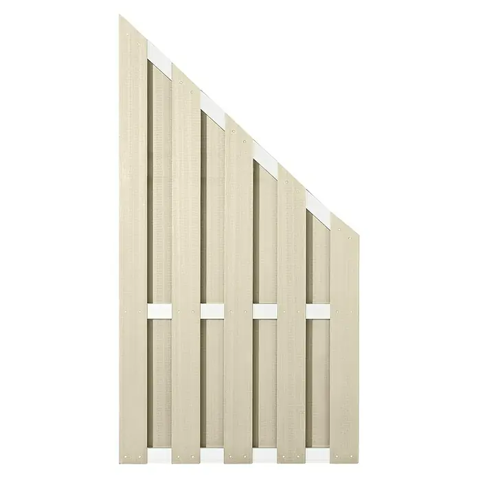 Sichtschutzelement Ibiza - 90 x 90/180 cm, Aluminium, Sand - Nahaufnahme eines beigen, schrägen Zaunelements mit weißen Akzenten, das für eine stilvolle und moderne Gartengestaltung sorgt.