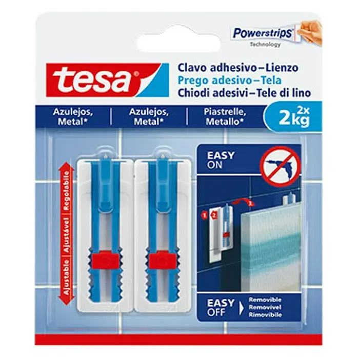 Tesa Clavo adhesivo Lienzo - Blanco, Carga soportada: 2 kg, 2 ud., Azulejos y metal - Tesa Powerstrips Technology: Clavo adhesivo para lienzos y textiles, extraíble, para azulejos y metal. Capacidad de carga: 2 kg.