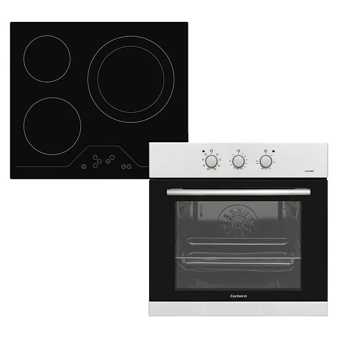 Corberó Set de horno y zona de cocción CCHEV840MX - Número de tipos de calentamiento: 8 ud., Acero inoxidable/Negro - En la imagen se muestra un conjunto de horno y placa Corberó con un horno encastrable blanco y una placa vitrocerámica negra.