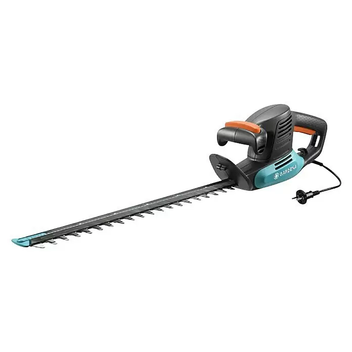 Gardena EasyCut Cortasetos eléctrico 450/50 - 450 W, Longitud de corte: 50 cm, Grosor de rama máx.: 18 mm - Cortasetos eléctrico Gardena con carcasa negra y azul claro, mango naranja y cuchilla dentada plateada larga.