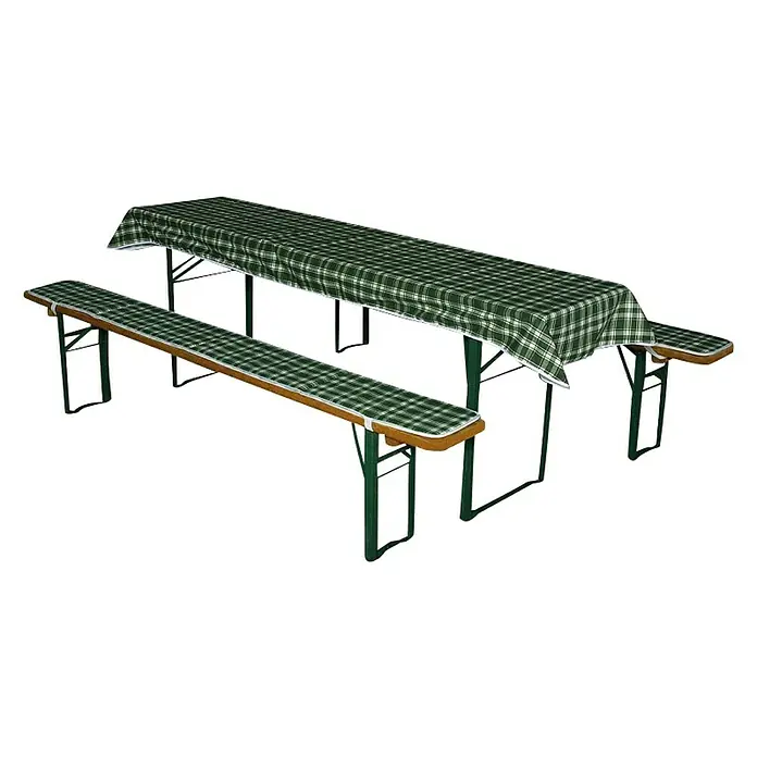 Doppler Bierbankauflagen-Set - Weiß/Grün, Passend für: 50 cm Tischbreite - Ein Gartentisch mit passenden Bänken, bedeckt mit einer grünen, karierten Tischdecke. Perfekt für gemütliche Stunden im Freien.