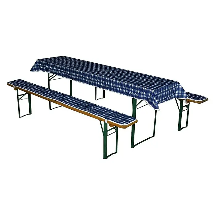 Doppler Bierbankauflagen-Set - Weiß/Blau, Passend für: 50 cm Tischbreite - Biertischgarnitur mit blau-weiß karierter Tischdecke und Bankauflagen. Ideal für Gartenpartys und Feste im Freien.