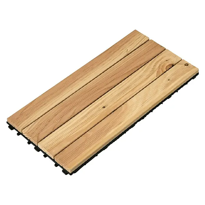 Klickfliese - Douglasie, 60 x 30 x 3 cm, Braun, 2 Stk. - Bild eines Holzterrassenelements mit vier Latten auf einer schwarzen Unterlage. Ideal für Balkon und Garten.
