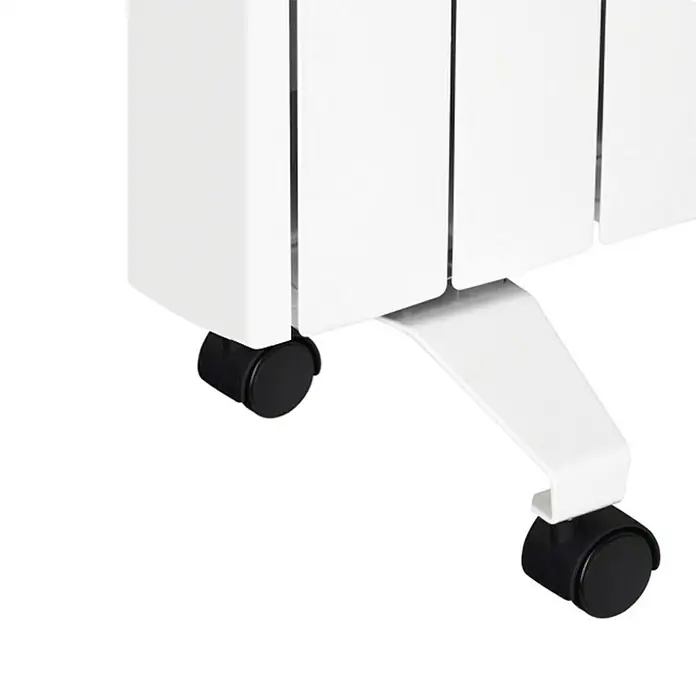 Rointe Set de ruedas para emisores - Blanco, Acero - Vista detallada de un radiador blanco con ruedas negras, que garantiza movilidad y fácil manejo.